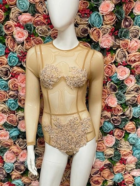 Nude Mesh Bodysuit With Beaded Appliques