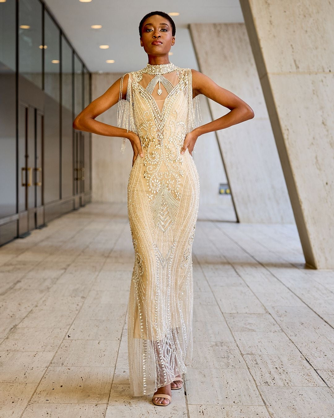 Rhinestone Maxi Dress With Red Cape