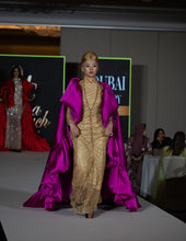 Load image into Gallery viewer, Turtle Neck Gold Rhinestone And Glitter Dress With Cape