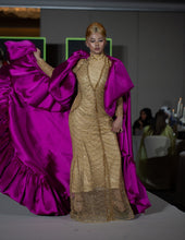 Load image into Gallery viewer, Turtle Neck Gold Rhinestone And Glitter Dress With Cape