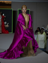 Load image into Gallery viewer, Turtle Neck Gold Rhinestone And Glitter Dress With Cape