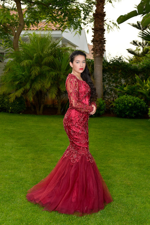 Rent Dark Red Tulle Mermaid Evening Gown