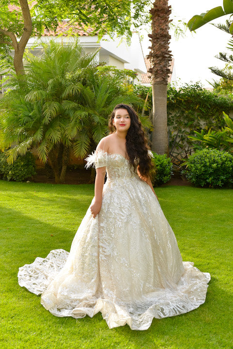 Wedding Gown with Off Shoulder Ostrich Feathers