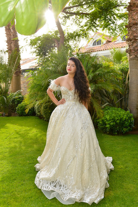 Wedding Gown with Off Shoulder Ostrich Feathers