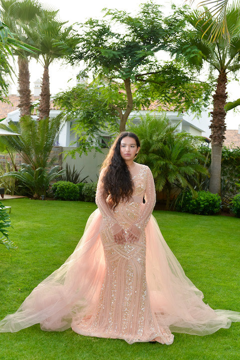 Rent Light Peach Long Sleeve Gown with Tulle Overskirt