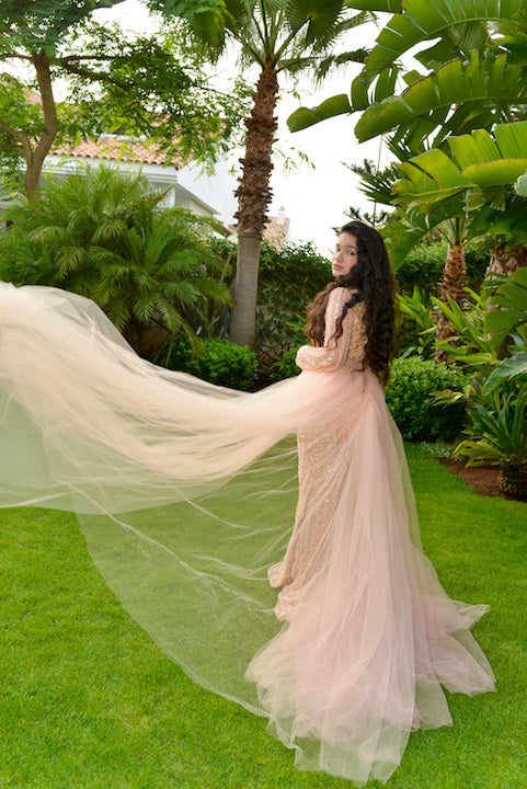 Light Peach Long Sleeve Gown with Tulle Overskirt