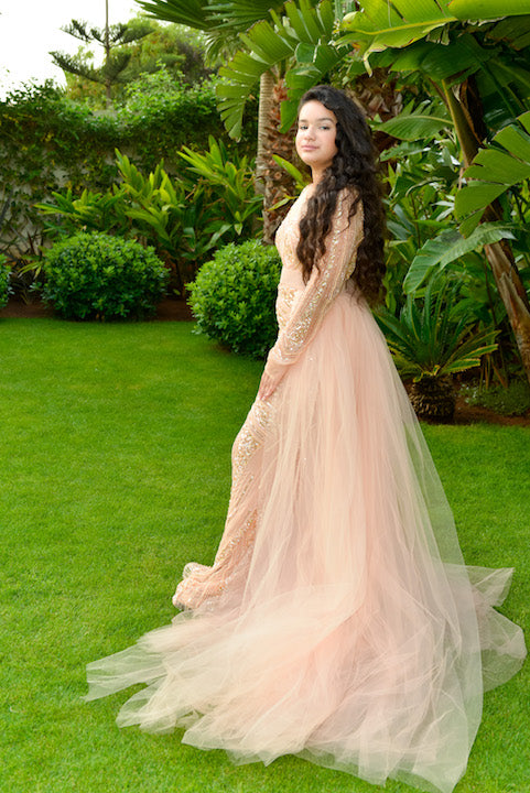 Rent Light Peach Long Sleeve Gown with Tulle Overskirt