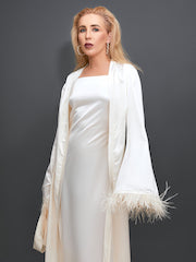 Luxurious Silky White Robe with Feather Cuffs